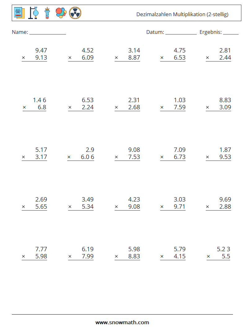 (25) Dezimalzahlen Multiplikation (2-stellig) Mathe-Arbeitsblätter 11