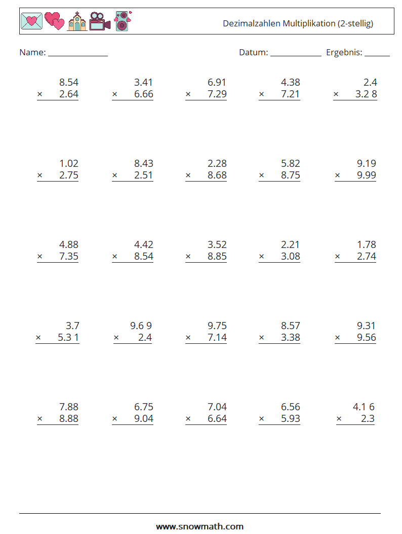 (25) Dezimalzahlen Multiplikation (2-stellig) Mathe-Arbeitsblätter 12