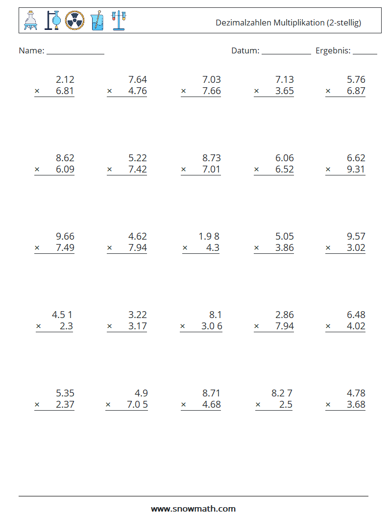 (25) Dezimalzahlen Multiplikation (2-stellig) Mathe-Arbeitsblätter 13