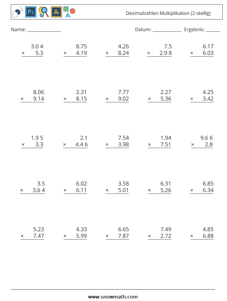 (25) Dezimalzahlen Multiplikation (2-stellig) Mathe-Arbeitsblätter 14