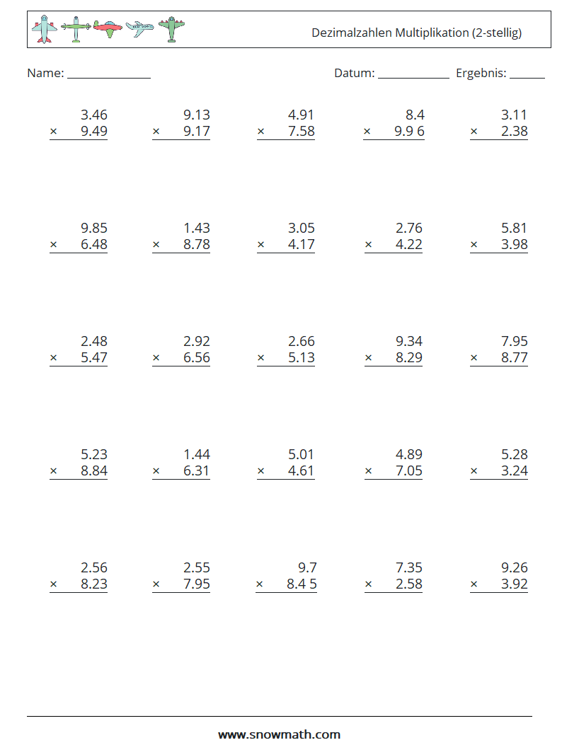 (25) Dezimalzahlen Multiplikation (2-stellig) Mathe-Arbeitsblätter 15