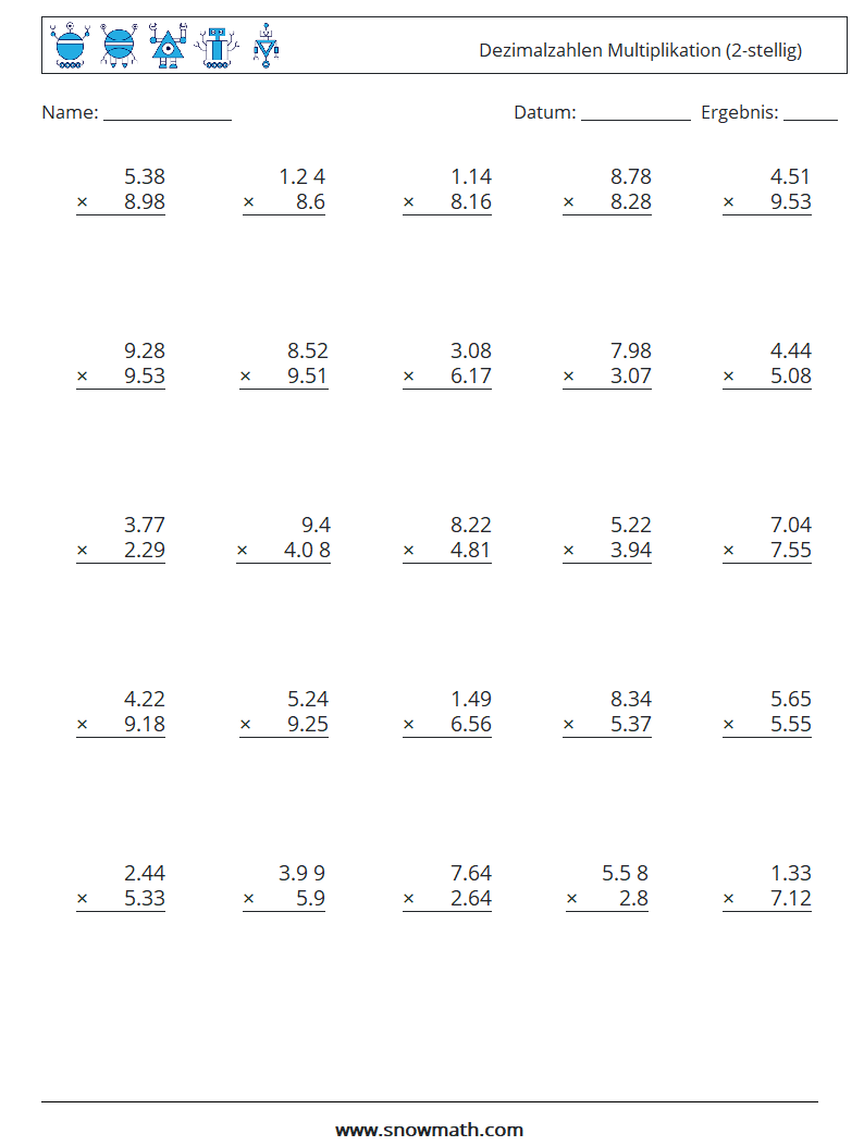 (25) Dezimalzahlen Multiplikation (2-stellig) Mathe-Arbeitsblätter 16