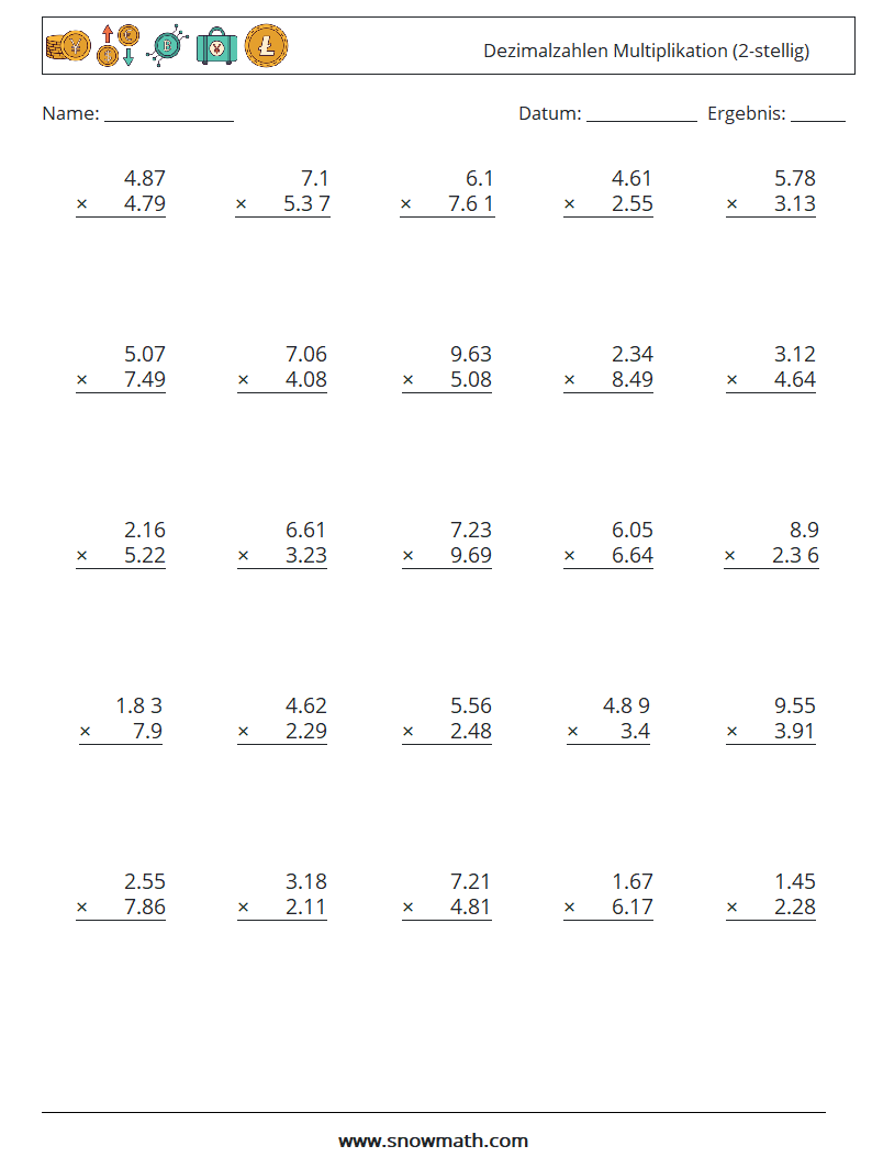 (25) Dezimalzahlen Multiplikation (2-stellig) Mathe-Arbeitsblätter 18