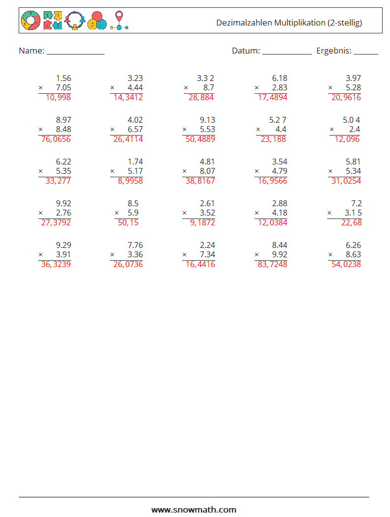(25) Dezimalzahlen Multiplikation (2-stellig) Mathe-Arbeitsblätter 1 Frage, Antwort
