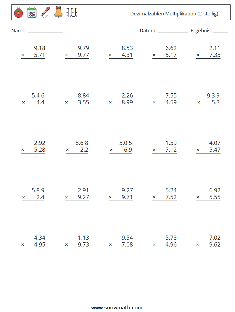 (25) Dezimalzahlen Multiplikation (2-stellig) Mathe-Arbeitsblätter 3