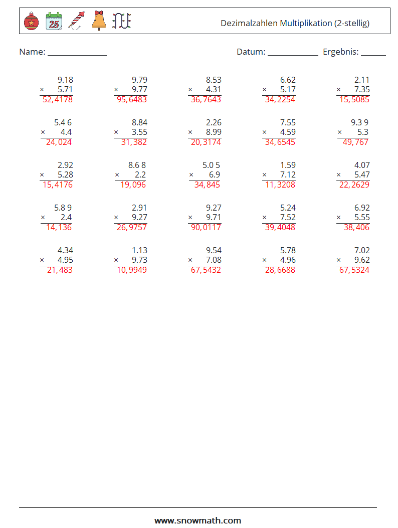 (25) Dezimalzahlen Multiplikation (2-stellig) Mathe-Arbeitsblätter 3 Frage, Antwort