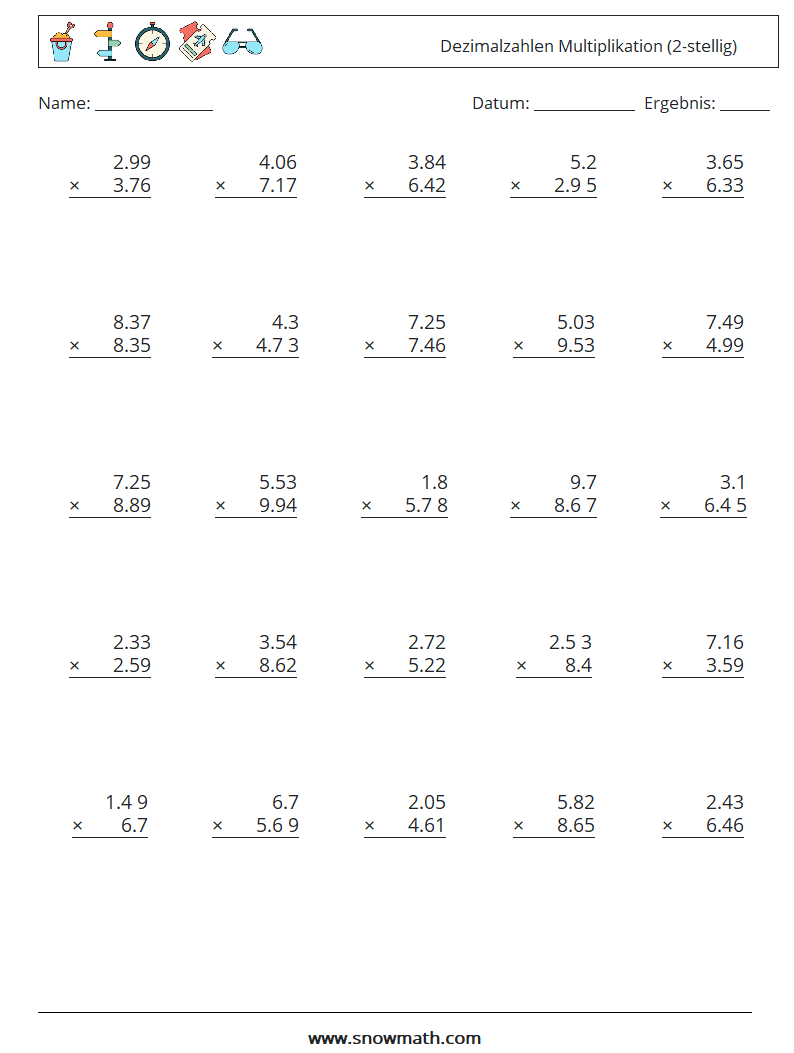 (25) Dezimalzahlen Multiplikation (2-stellig) Mathe-Arbeitsblätter 4