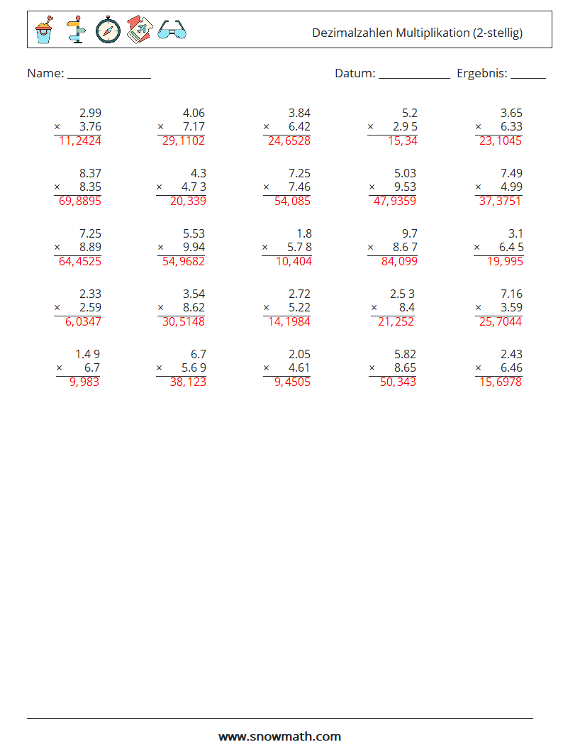 (25) Dezimalzahlen Multiplikation (2-stellig) Mathe-Arbeitsblätter 4 Frage, Antwort