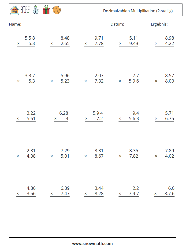 (25) Dezimalzahlen Multiplikation (2-stellig) Mathe-Arbeitsblätter 5