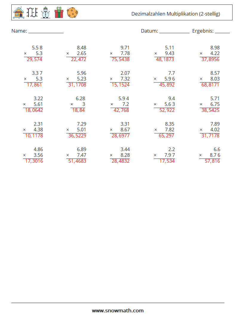 (25) Dezimalzahlen Multiplikation (2-stellig) Mathe-Arbeitsblätter 5 Frage, Antwort