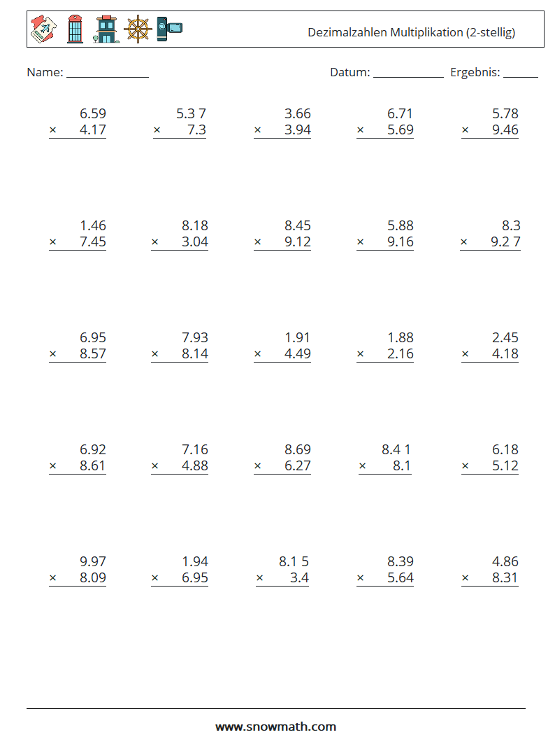 (25) Dezimalzahlen Multiplikation (2-stellig) Mathe-Arbeitsblätter 6