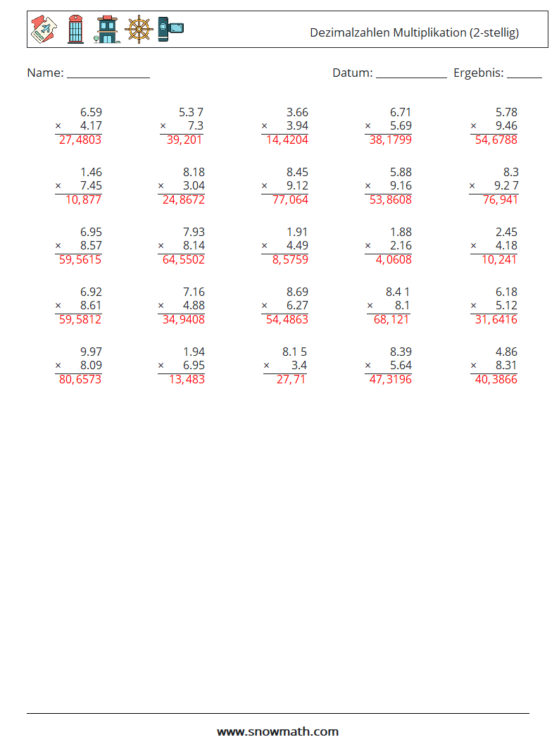 (25) Dezimalzahlen Multiplikation (2-stellig) Mathe-Arbeitsblätter 6 Frage, Antwort
