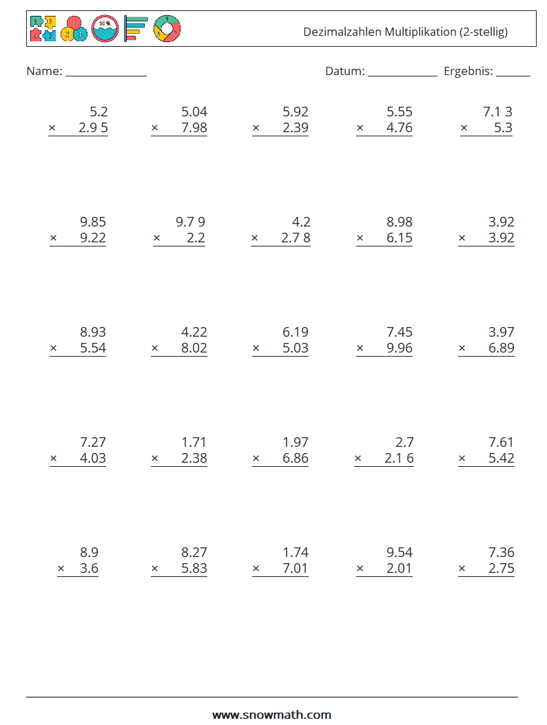 (25) Dezimalzahlen Multiplikation (2-stellig) Mathe-Arbeitsblätter 7