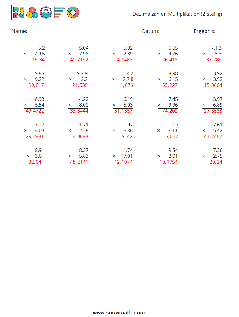 (25) Dezimalzahlen Multiplikation (2-stellig) Mathe-Arbeitsblätter 7 Frage, Antwort