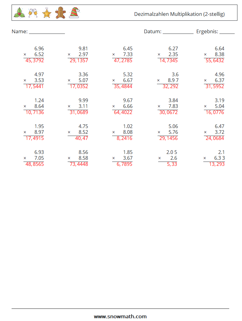 (25) Dezimalzahlen Multiplikation (2-stellig) Mathe-Arbeitsblätter 8 Frage, Antwort
