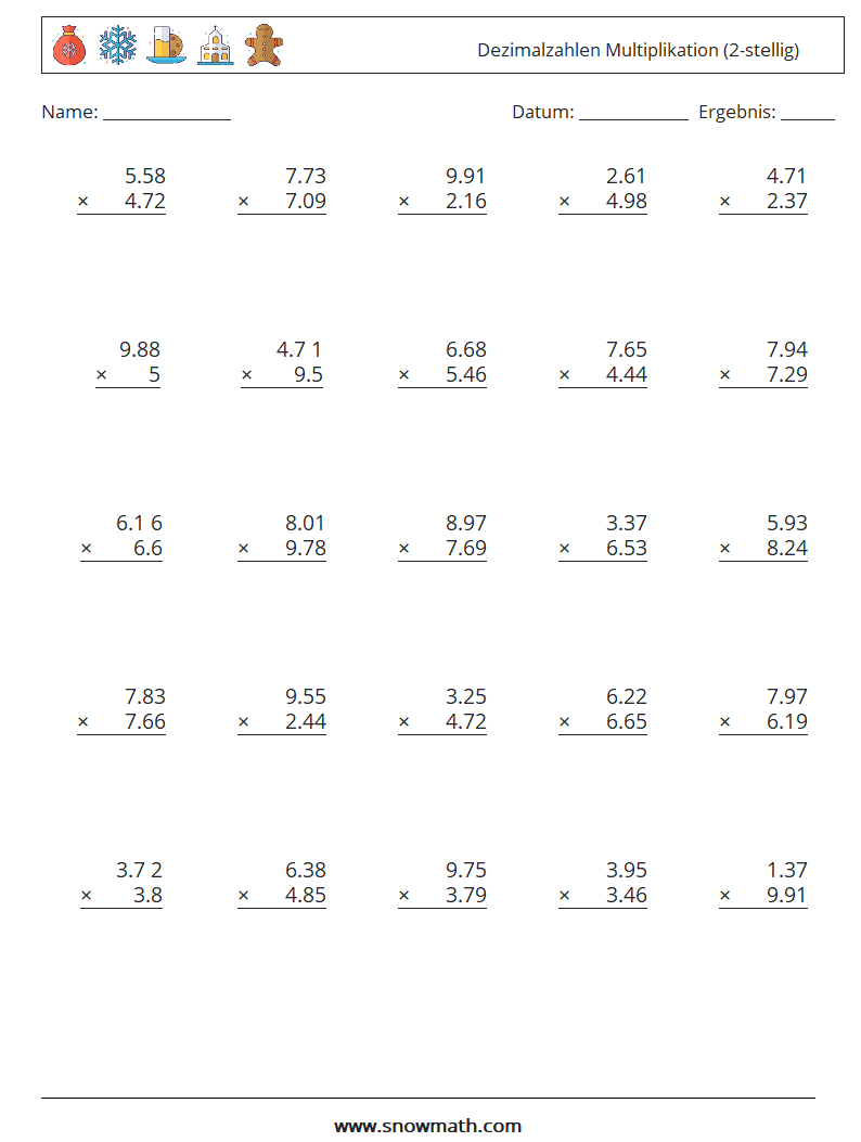 (25) Dezimalzahlen Multiplikation (2-stellig) Mathe-Arbeitsblätter 9