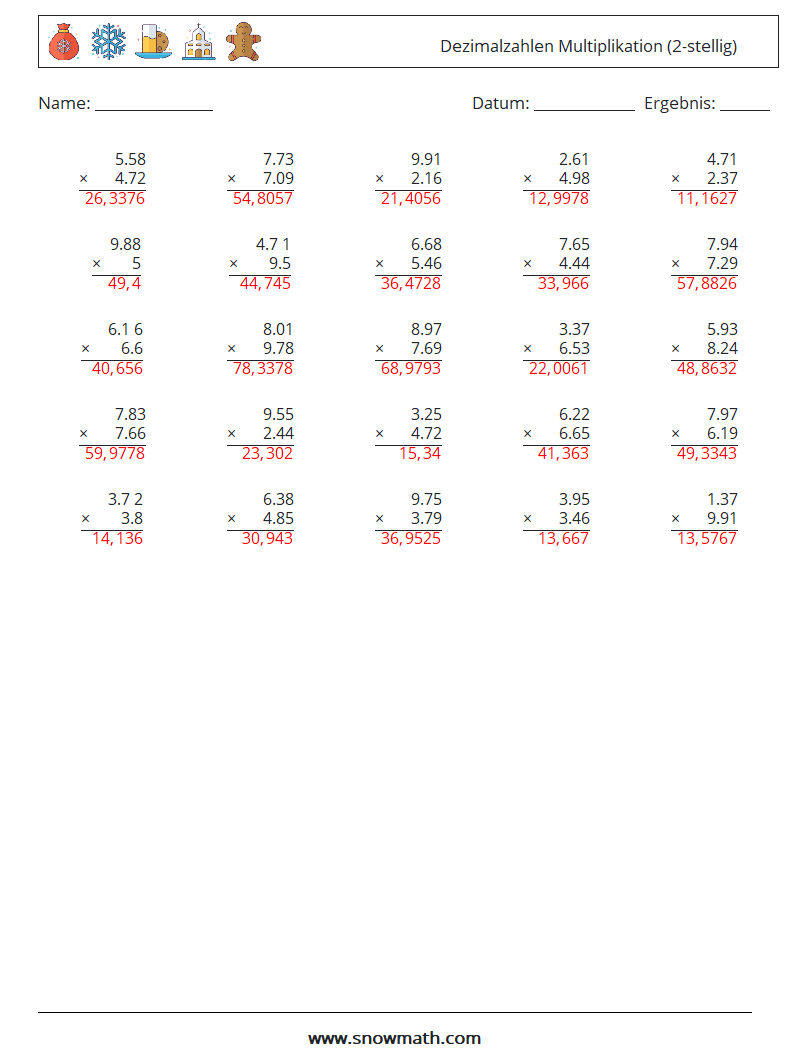 (25) Dezimalzahlen Multiplikation (2-stellig) Mathe-Arbeitsblätter 9 Frage, Antwort