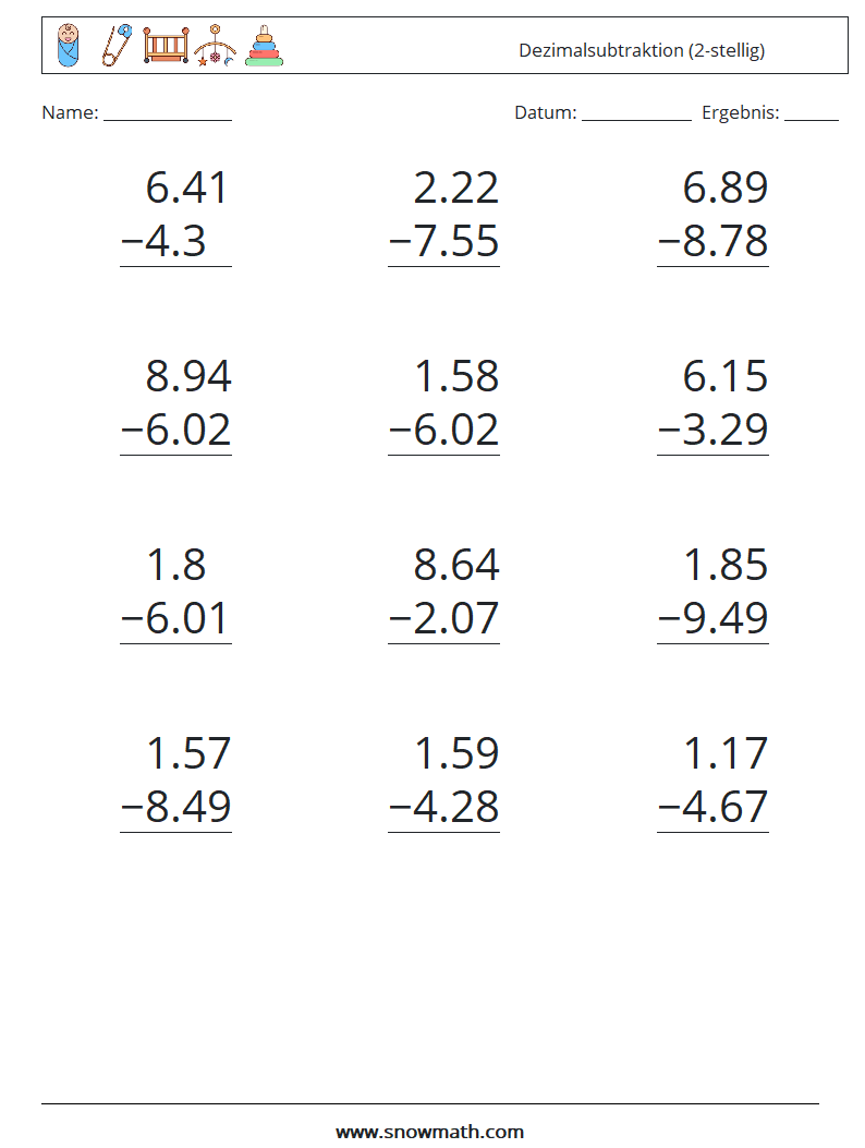 (12) Dezimalsubtraktion (2-stellig) Mathe-Arbeitsblätter 1