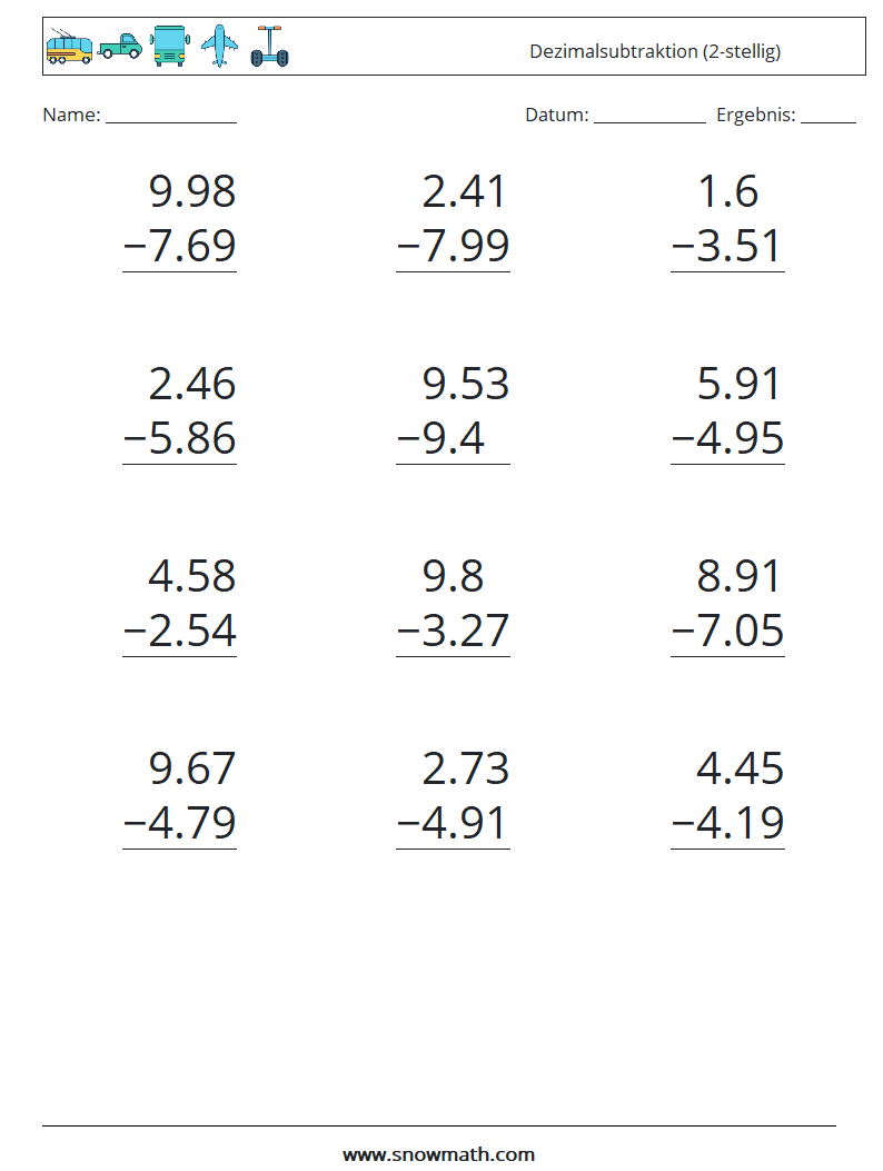 (12) Dezimalsubtraktion (2-stellig) Mathe-Arbeitsblätter 10