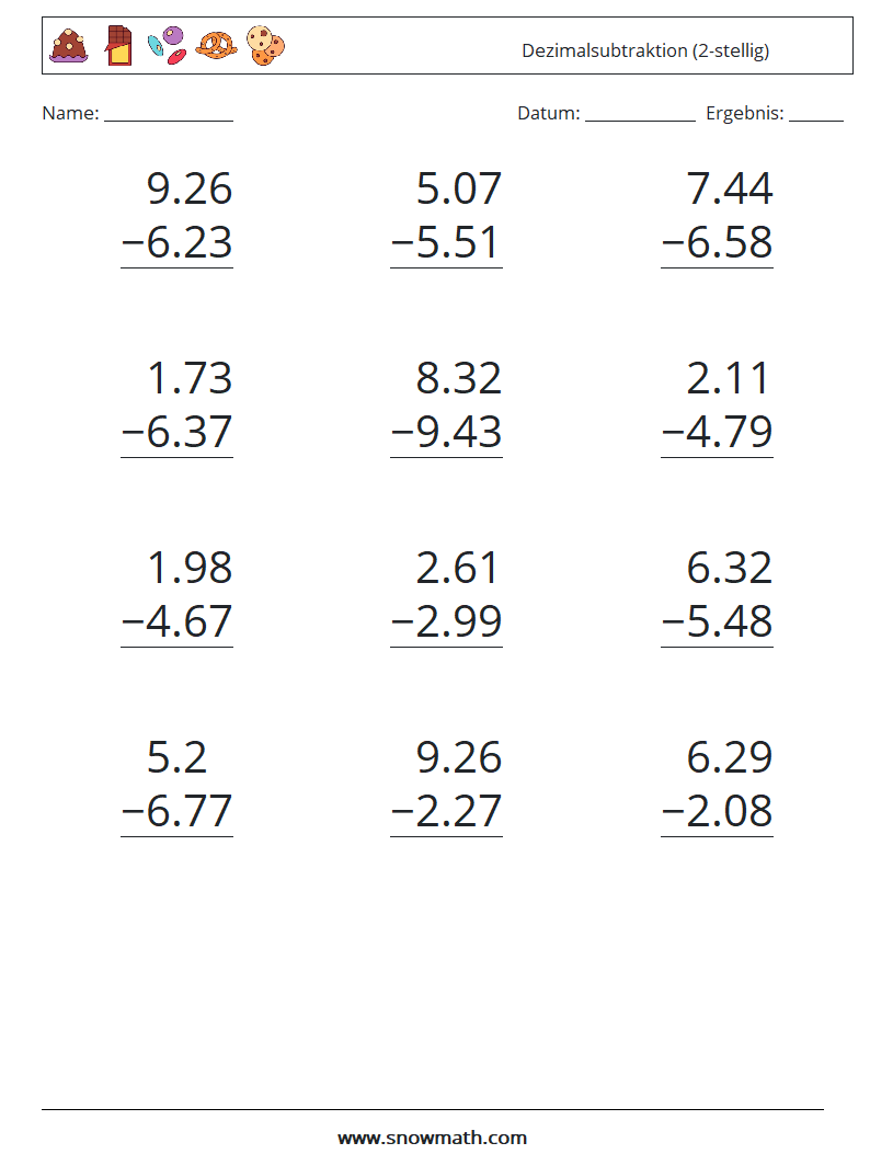 (12) Dezimalsubtraktion (2-stellig) Mathe-Arbeitsblätter 12