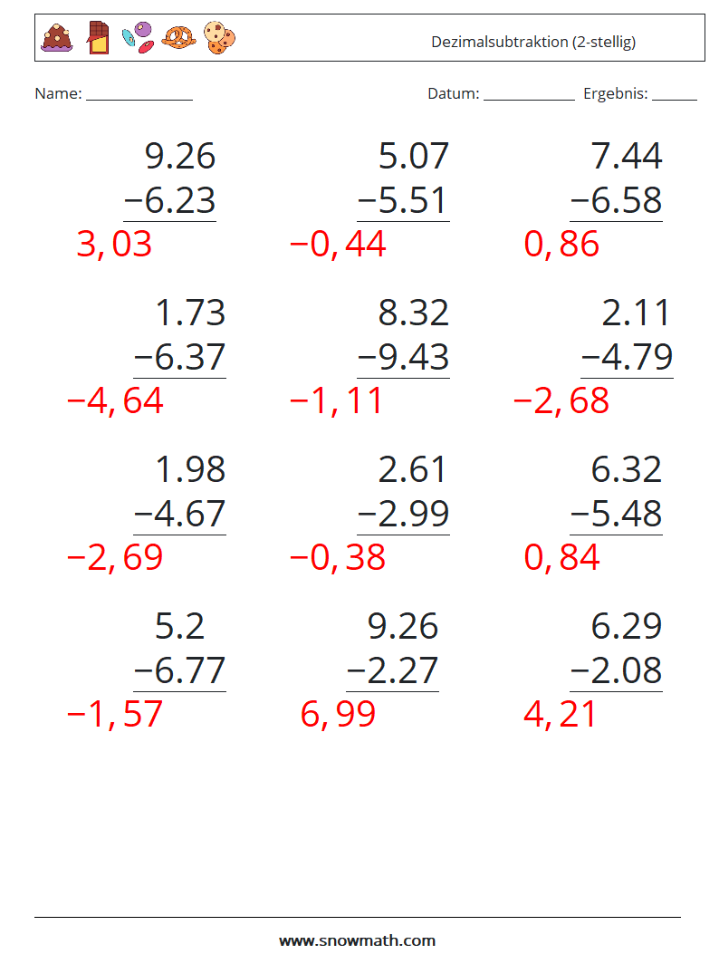 (12) Dezimalsubtraktion (2-stellig) Mathe-Arbeitsblätter 12 Frage, Antwort