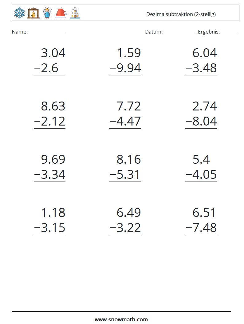 (12) Dezimalsubtraktion (2-stellig) Mathe-Arbeitsblätter 13