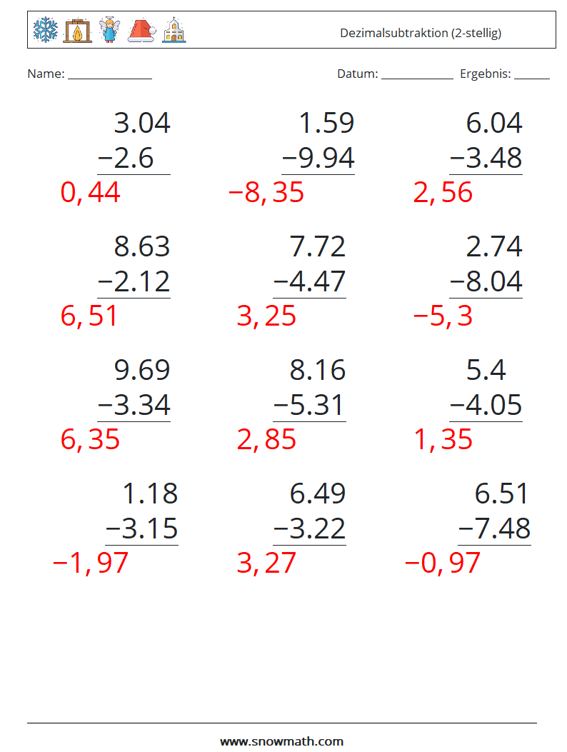 (12) Dezimalsubtraktion (2-stellig) Mathe-Arbeitsblätter 13 Frage, Antwort