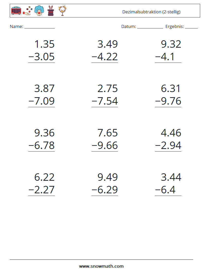 (12) Dezimalsubtraktion (2-stellig) Mathe-Arbeitsblätter 14