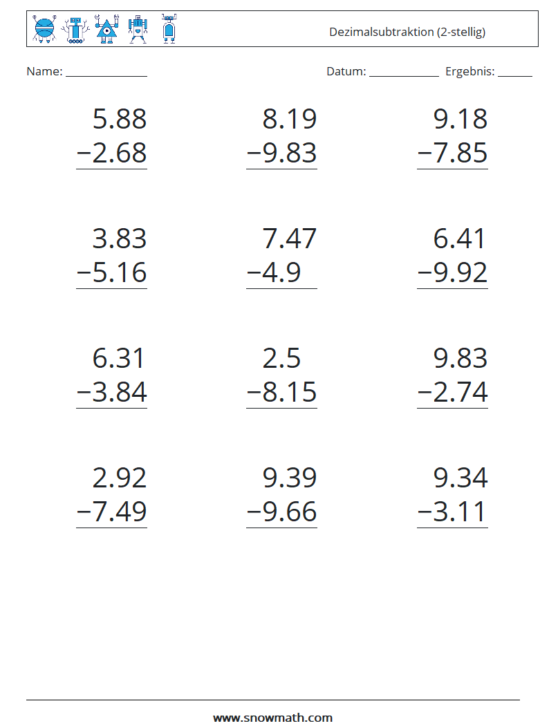 (12) Dezimalsubtraktion (2-stellig) Mathe-Arbeitsblätter 15