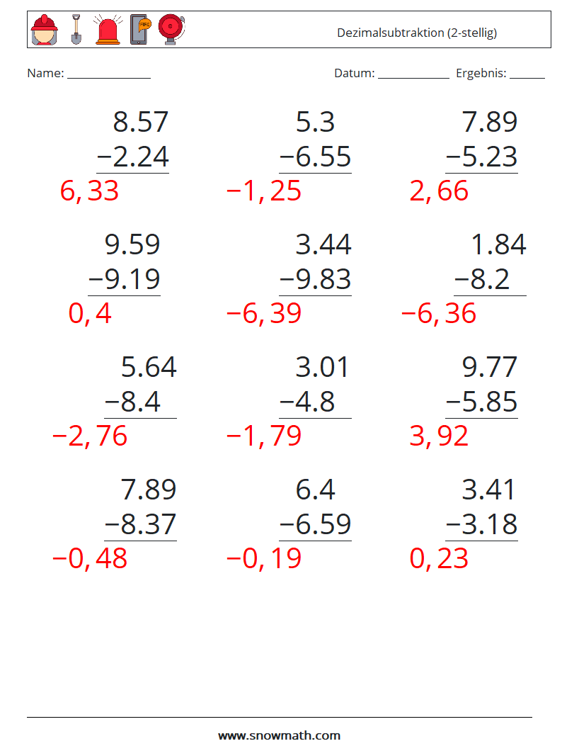 (12) Dezimalsubtraktion (2-stellig) Mathe-Arbeitsblätter 16 Frage, Antwort