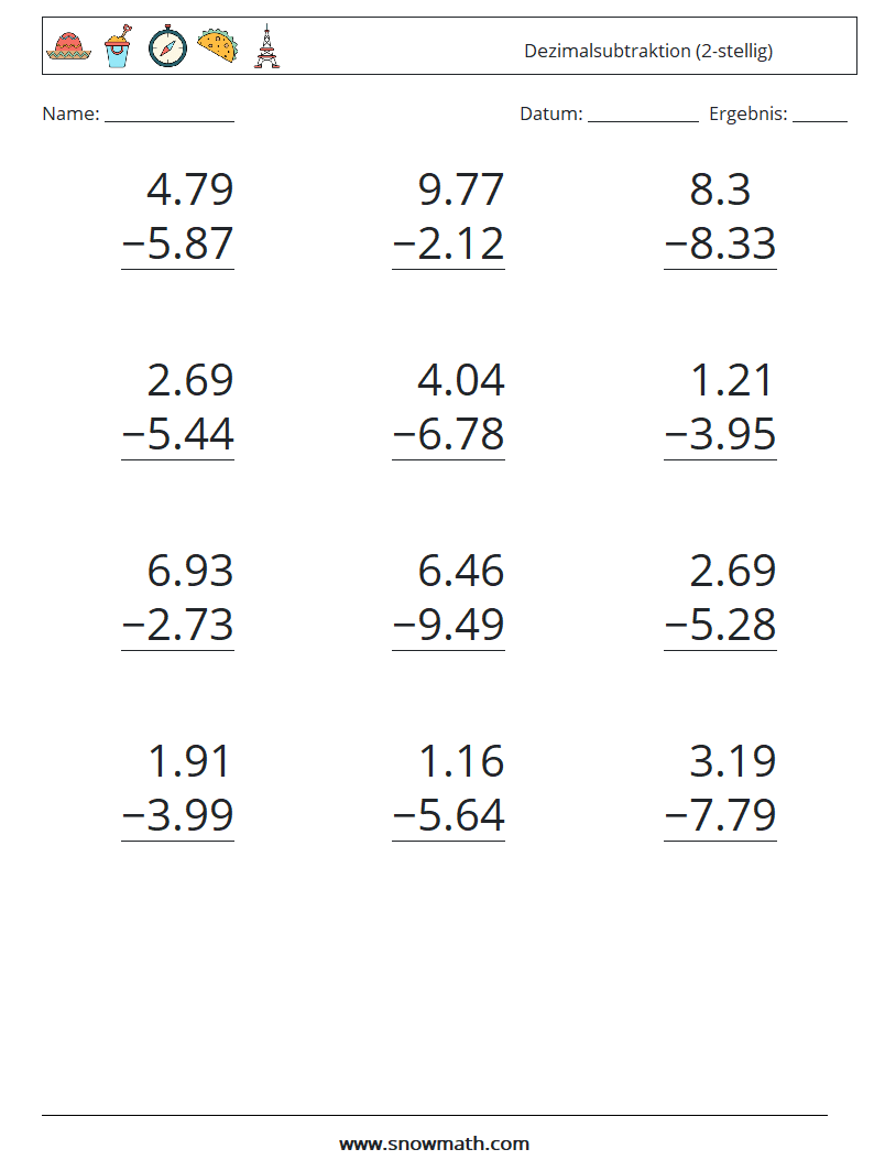 (12) Dezimalsubtraktion (2-stellig) Mathe-Arbeitsblätter 17