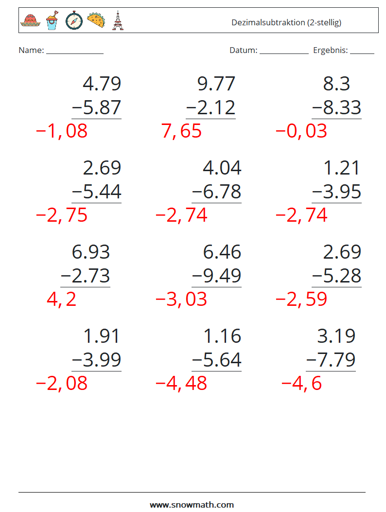 (12) Dezimalsubtraktion (2-stellig) Mathe-Arbeitsblätter 17 Frage, Antwort