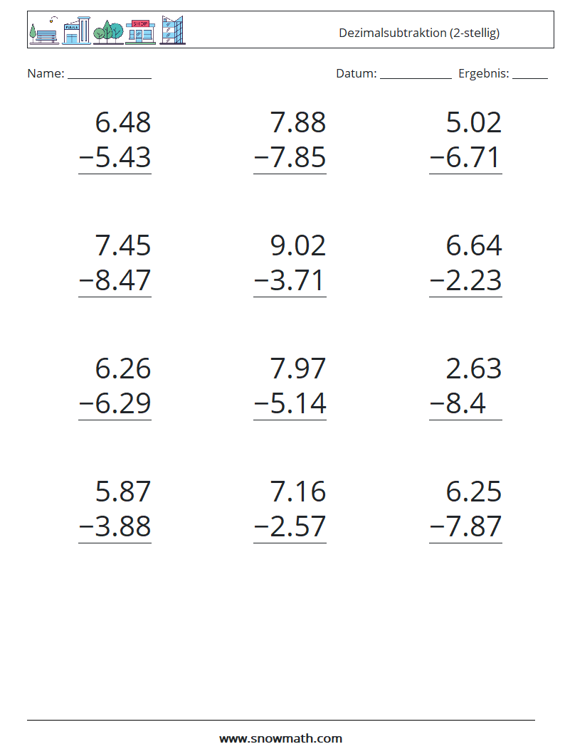 (12) Dezimalsubtraktion (2-stellig) Mathe-Arbeitsblätter 18