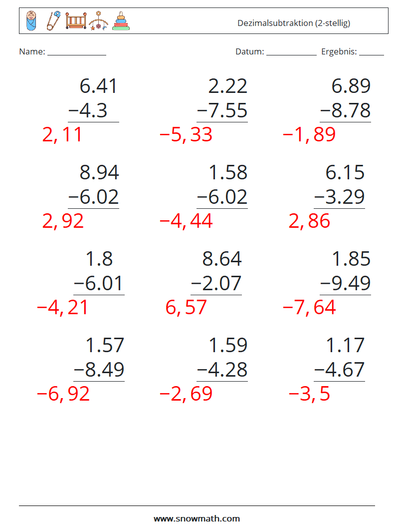 (12) Dezimalsubtraktion (2-stellig) Mathe-Arbeitsblätter 1 Frage, Antwort