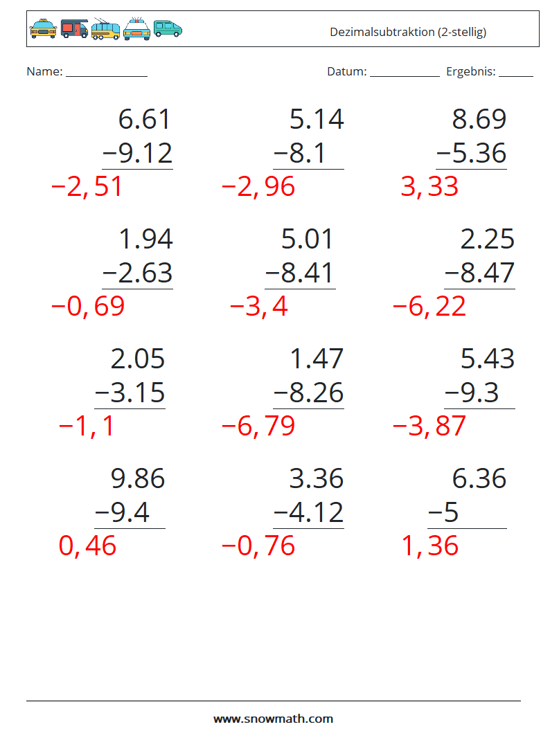 (12) Dezimalsubtraktion (2-stellig) Mathe-Arbeitsblätter 2 Frage, Antwort