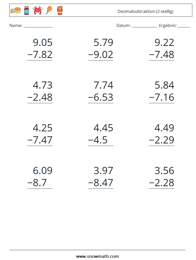 (12) Dezimalsubtraktion (2-stellig) Mathe-Arbeitsblätter 3