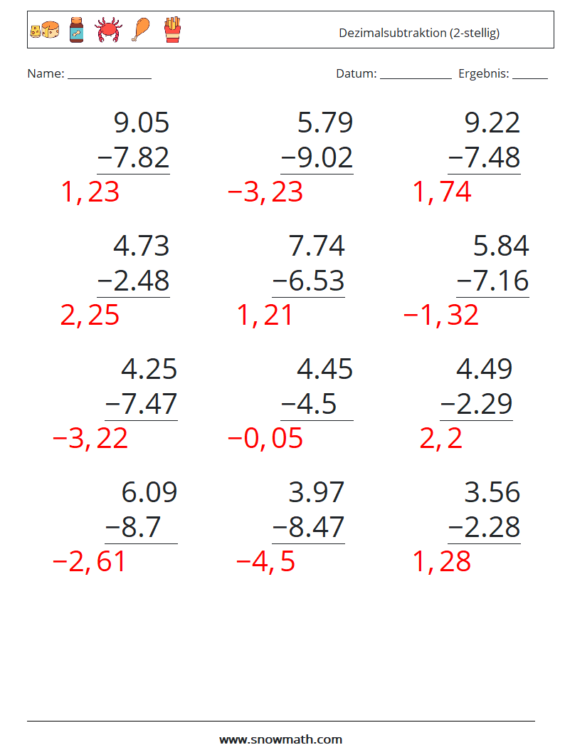 (12) Dezimalsubtraktion (2-stellig) Mathe-Arbeitsblätter 3 Frage, Antwort