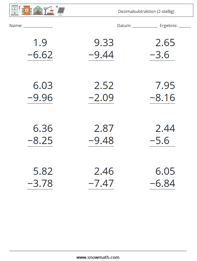 (12) Dezimalsubtraktion (2-stellig) Mathe-Arbeitsblätter 6