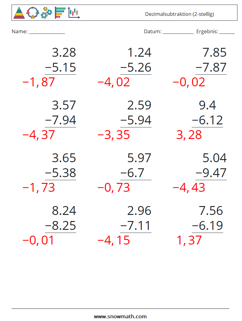 (12) Dezimalsubtraktion (2-stellig) Mathe-Arbeitsblätter 7 Frage, Antwort