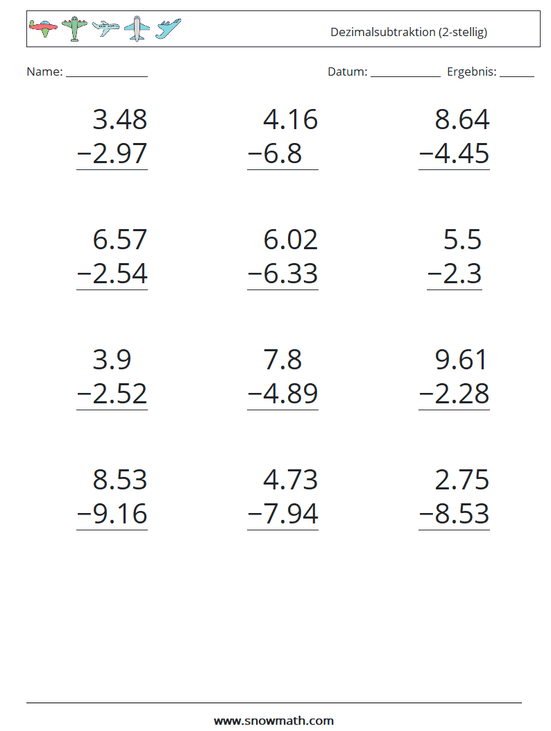 (12) Dezimalsubtraktion (2-stellig) Mathe-Arbeitsblätter 8