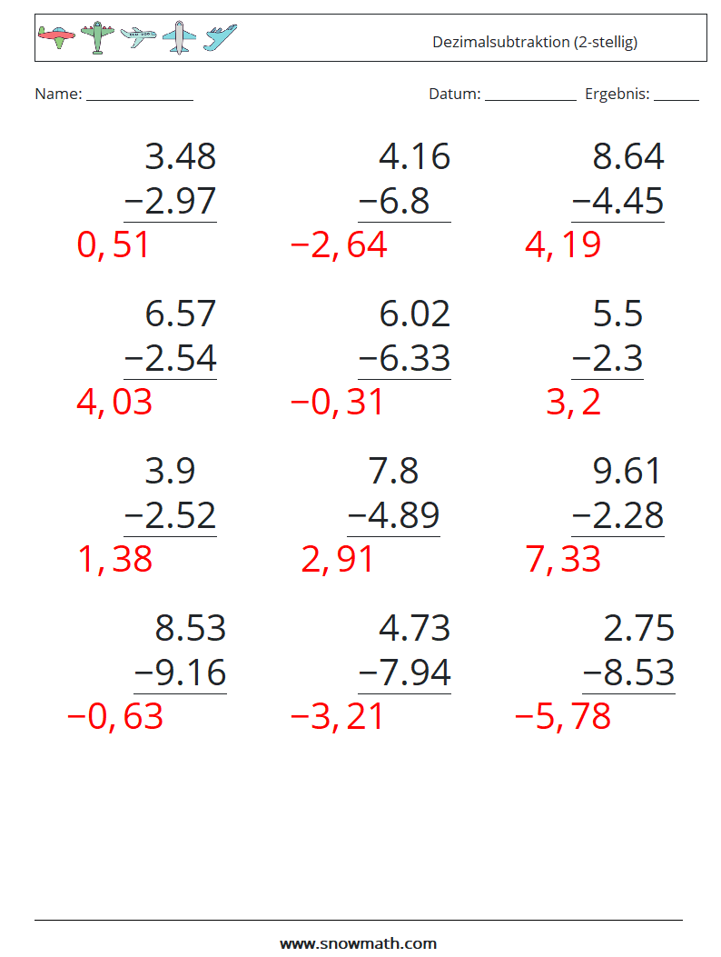 (12) Dezimalsubtraktion (2-stellig) Mathe-Arbeitsblätter 8 Frage, Antwort