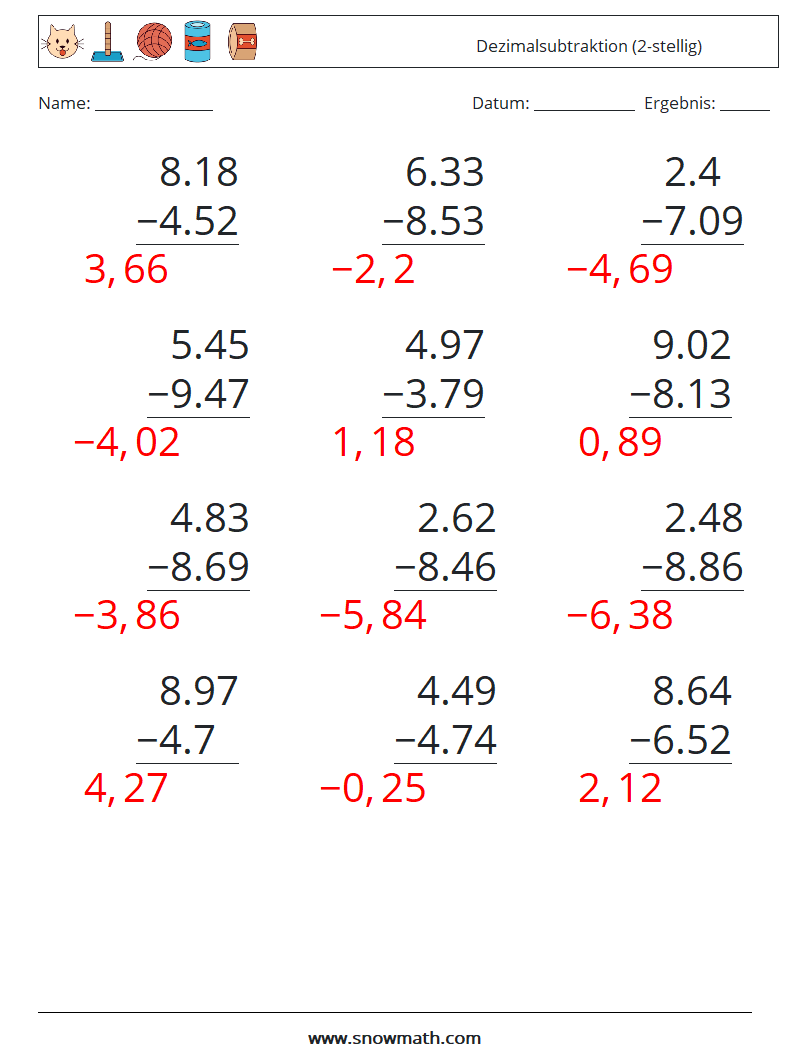 (12) Dezimalsubtraktion (2-stellig) Mathe-Arbeitsblätter 9 Frage, Antwort