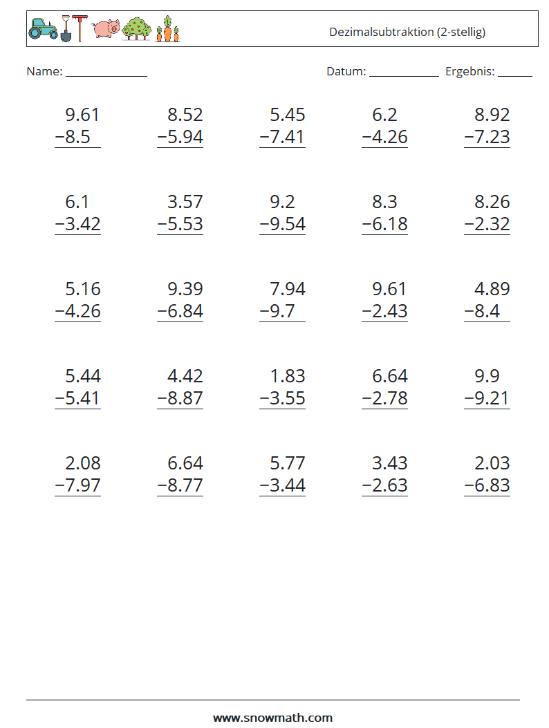 (25) Dezimalsubtraktion (2-stellig) Mathe-Arbeitsblätter 1