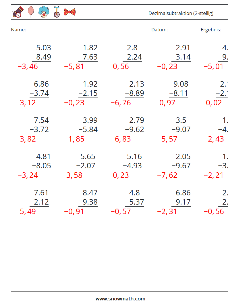 (25) Dezimalsubtraktion (2-stellig) Mathe-Arbeitsblätter 3 Frage, Antwort