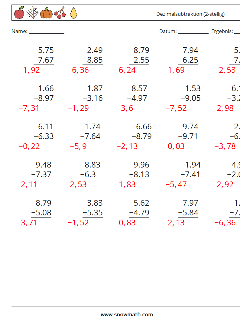 (25) Dezimalsubtraktion (2-stellig) Mathe-Arbeitsblätter 8 Frage, Antwort