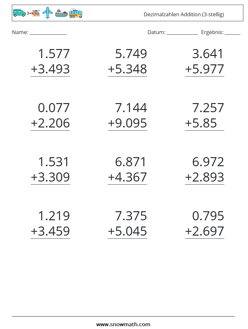 (12) Dezimalzahlen Addition (3-stellig) Mathe-Arbeitsblätter 1