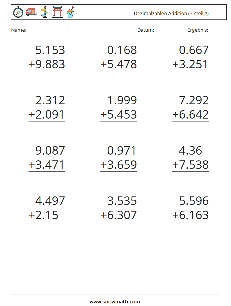 (12) Dezimalzahlen Addition (3-stellig) Mathe-Arbeitsblätter 10