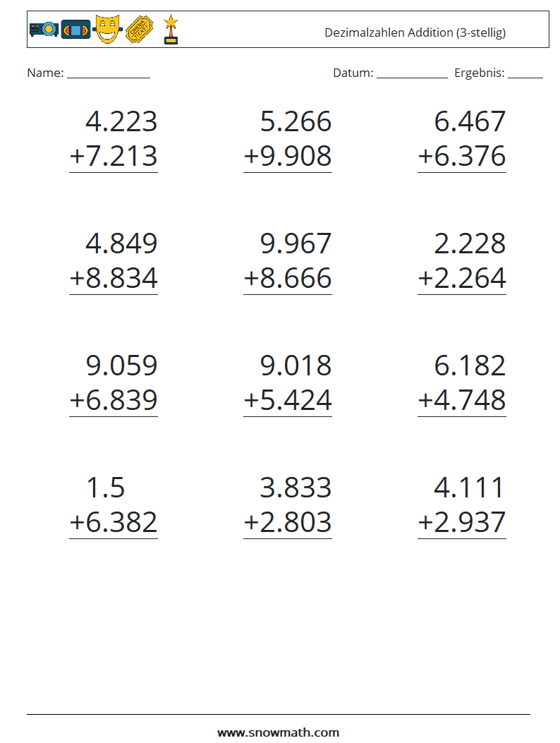 (12) Dezimalzahlen Addition (3-stellig) Mathe-Arbeitsblätter 11