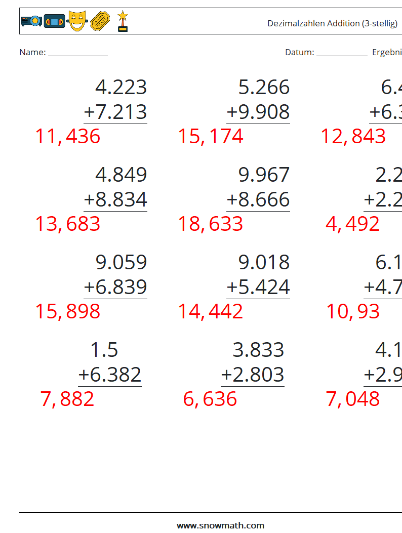 (12) Dezimalzahlen Addition (3-stellig) Mathe-Arbeitsblätter 11 Frage, Antwort