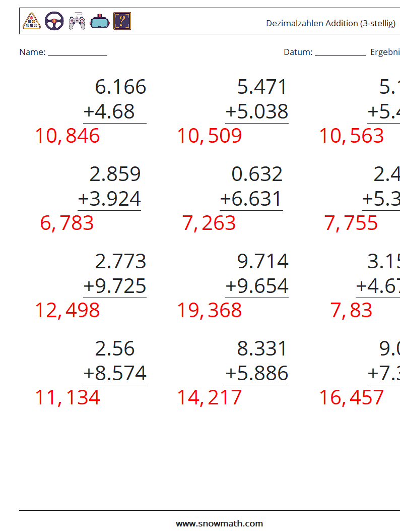 (12) Dezimalzahlen Addition (3-stellig) Mathe-Arbeitsblätter 12 Frage, Antwort